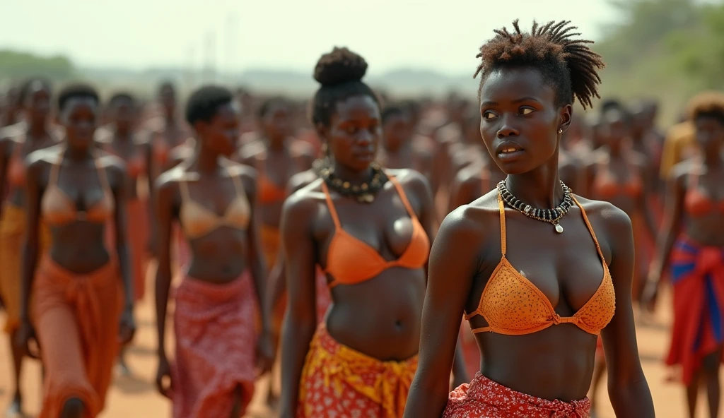 Photograph of three beautiful black women (total nudity) walking (tribal paintings on 90% of their bodies) in an African slum, tribal paintings, people looking at them in awe, athletic bodies, Ebony, no clothes. High level of detail, 16k, fine detail, Canon EOS, cinematic lighting.

