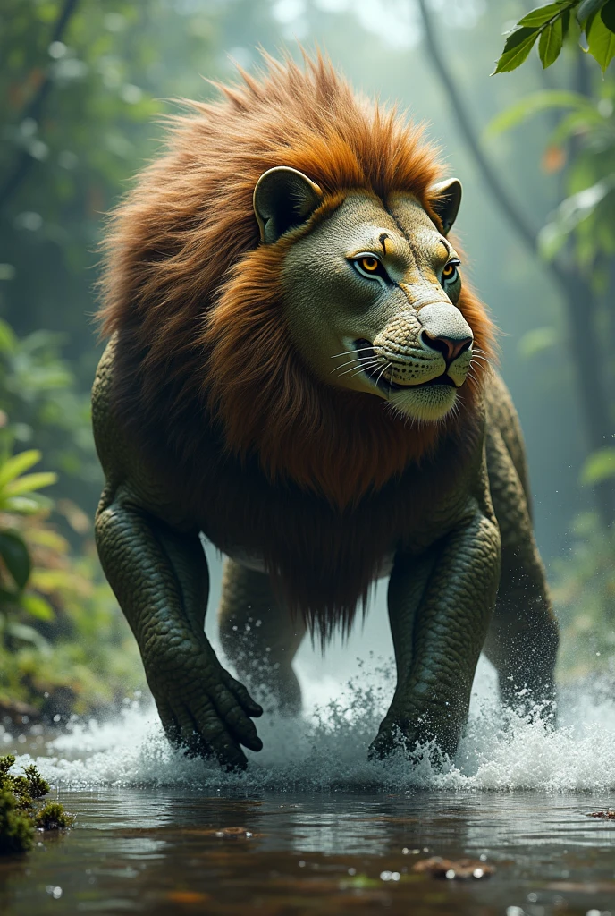 Crocodile and lion combination animal outside the river full image realistic image 
