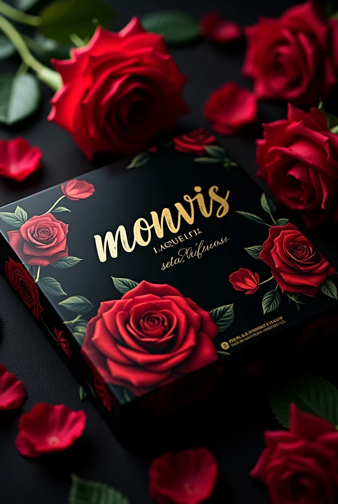 Then make a black eyeshadow palette with red roses on it and a large golden inscription &quot;Monvis&quot; on it and a small inscription below it From Monica  