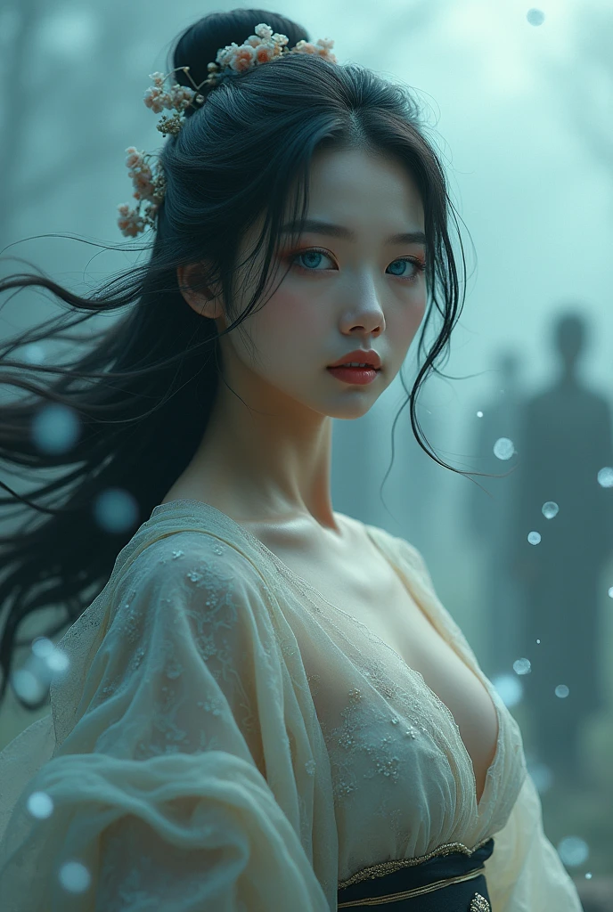 create a picture of a beautiful woman with details, a beautiful Japanese woman with messy flowing hair but full of cool concepts with details, a beautiful smooth enchanting face with beautiful blue eyes, all smooth skin with convincing details, very realistic and attractive, wearing traditional Japanese clothing with complicated details but so beautiful and graceful like a canvas painting, body facing to the side with face turned forward with a sweet smile, bubbles with detailed smoke effects, fog background with zombies that are faintly visible in the background behind a slightly thick fog, very realistic, sinematik