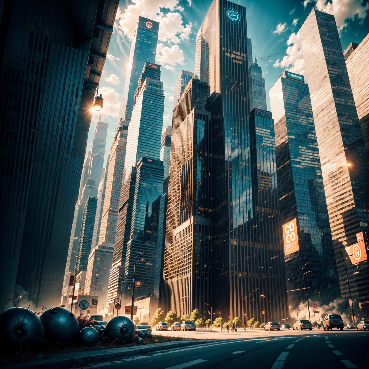 Future Technology, A city filled with towering skyscrapers and neon lights, Capturing the essence of our modern, technologically advanced world, With a touch of fantasy and magic, Wrapped in warm golden hues, Emphasize the beauty of the scene, Bring it to life with dynamic lighting, Bring out the intricate details and textures of your artwork, Inspires awe and admiration, (Wide-angle), ((not human))