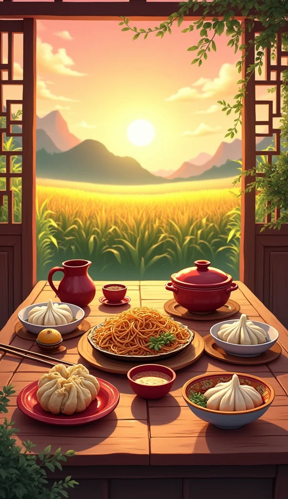 2D anime a field of corn where chinese cooking dishes ,chop stickes , catle ,jug, dupplincs , plates ,, spoons, noodles in old style dishes are on wooden dinning table old traditional vibes, sunset time village theme
