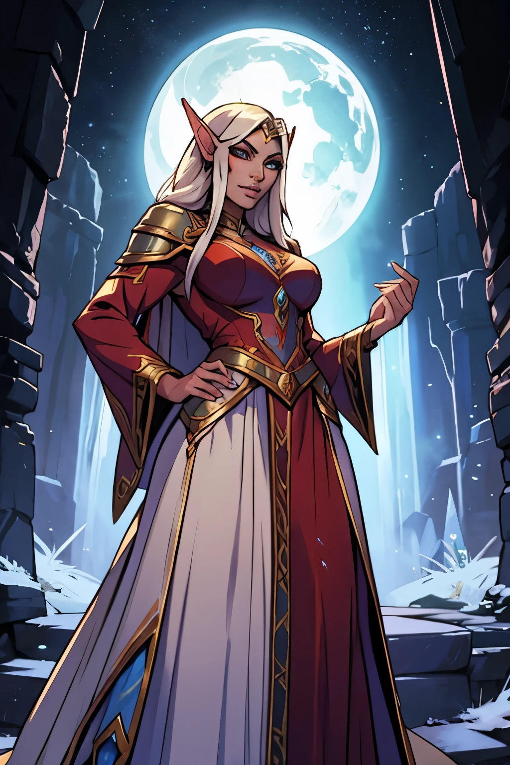 a detailed fantasy illustration of a female elf, Long blonde hair in braids, pointy ears, green eyes, thin lips, round face, large breasts (with cleavage), hourglass waist, wearing archer robes, walking through the snow in the mountains, covered by a bearskin cape, holding a spear, (best quality, 4k, 8k, high resolution, masterpiece: 1.2), ultra-detailed, (realistic, photorealistic, photorealistic: 1.37), intricate details, dramatic lighting, cinematic composition , moody atmosphere, warm color palette