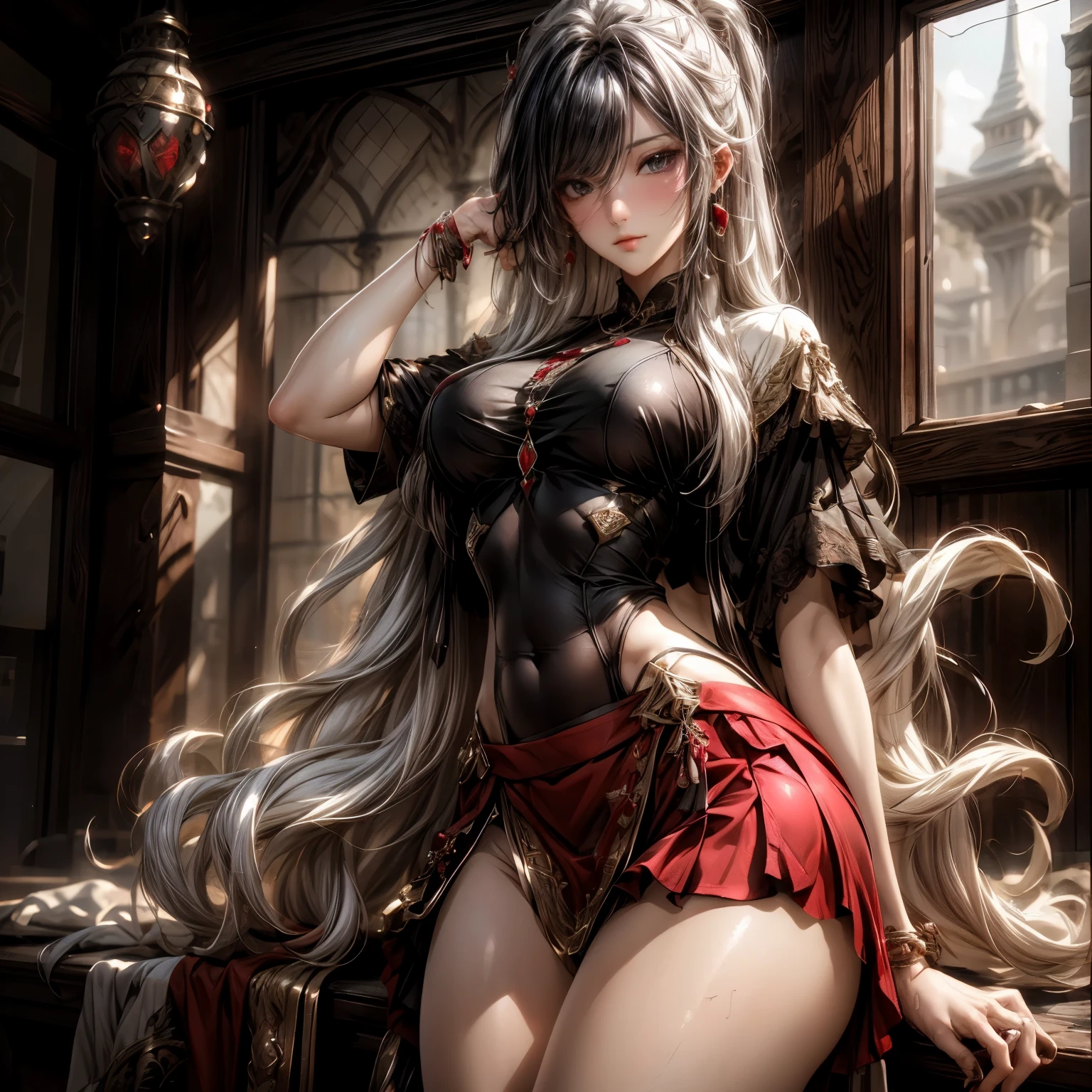 (best quality)), ((Masterpiece)), (details:1.4), 3d, HDR (high dynamic range), an image of a beautiful cyberpunk female, fantasy, medieval, black hair, Curtain Bangs, Hips up, Beautiful White eyes, จมูกโด่ง, ปากแดง, หน้าอกใหญ่, nvidia RTX, PBR surface, After processing, Anisotropic filtration,depth of field, Maximum clarity and clarity, multi-layered surface, Subsurface scattering, perfect proportions, 8K raw files, ultra detailed, Perfect proportions, volumetric lighting, soft lighting, Holy Paldin, Heavy Golden Armor, Red dress, intricate Silver embroidery, glossy skin, Bed room Background, jewely, ต่างหู, นิ้วมือสมบูรณ์, mini Red skirt,