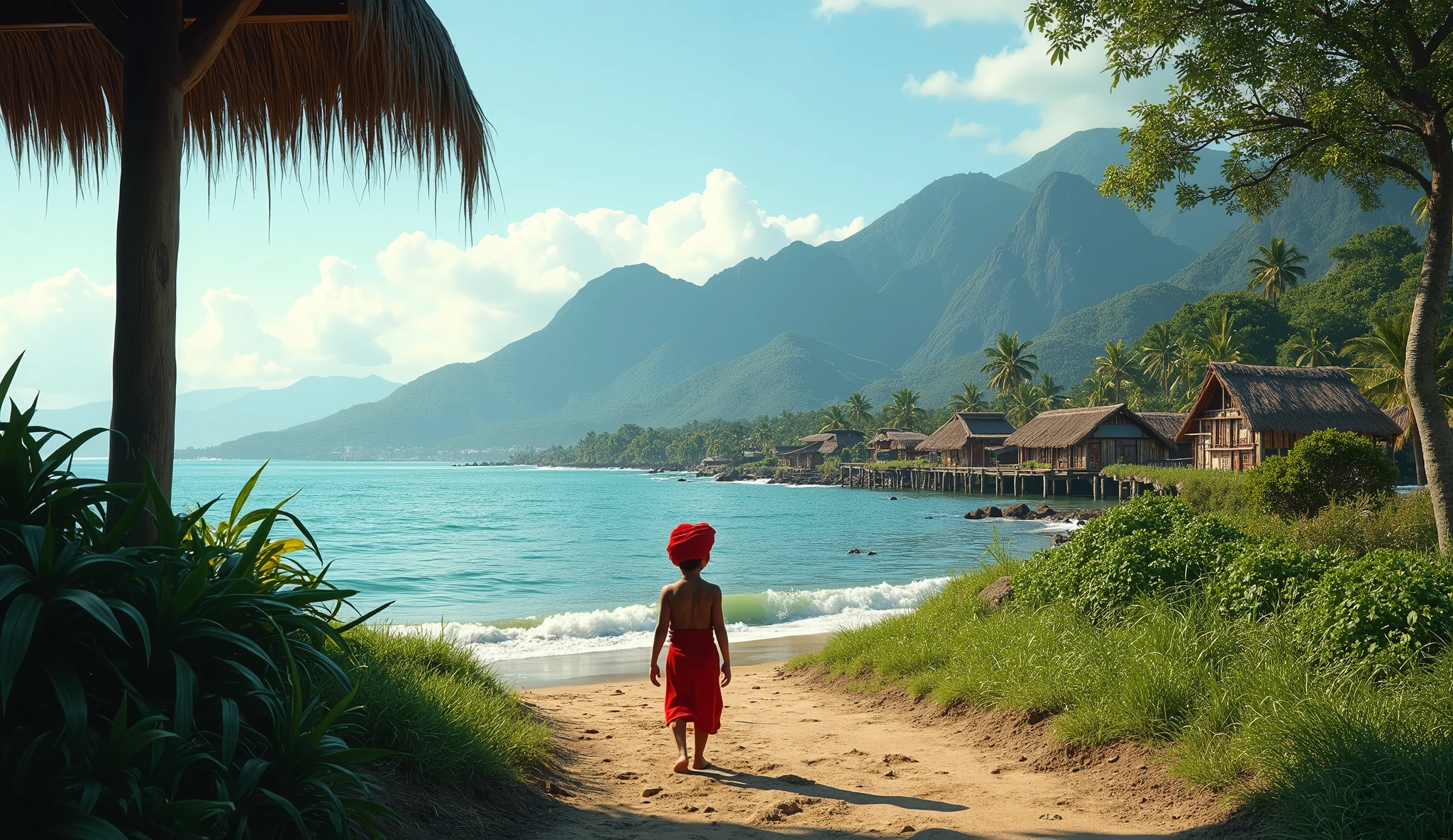 Village from ancient Ternate island, Maluku, Indonesia, beside a ocean and mountain, a young children in ancient Ternate clothing is walking and wear a red traditional Ternate turban, there is no peoples, hyper realistic, masterpiece, best quality, ultra-detailed, UHD, 64K