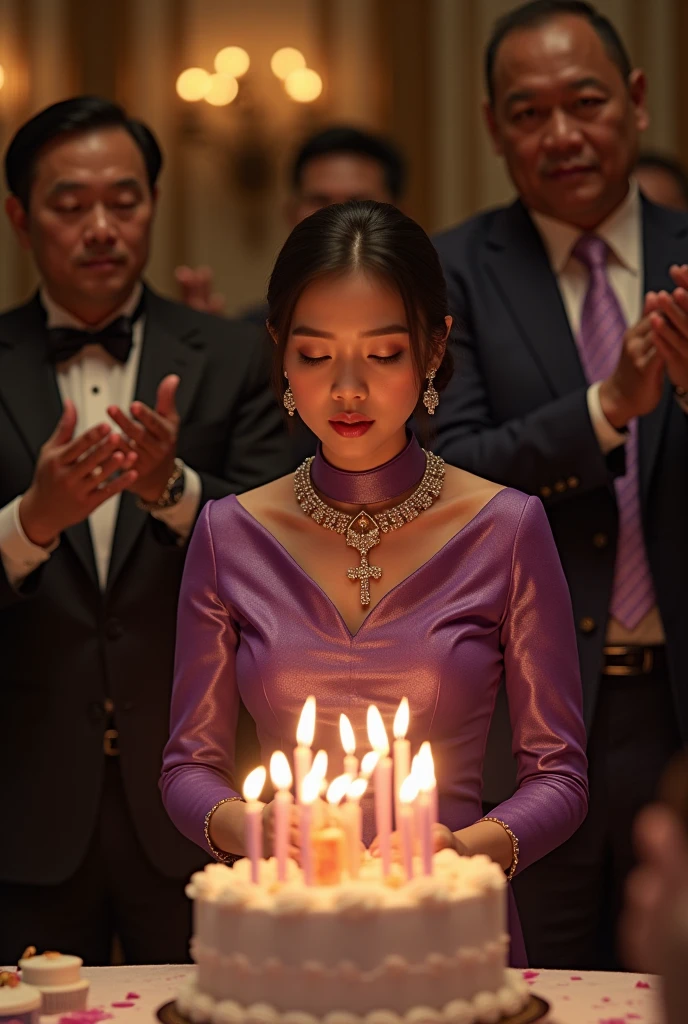 dinner celebrating the 49th birthday of an Indonesian woman, attended by the President of Indonesia, Joko Widodo. In front of them was a birthday cake with the word 49 written on it with the number 49 candles.. There is writing "For Diah". They were both dressed in high class formals. The woman is wearing a purple high neck dress and wearing a diamond necklace with a cross on the end.. The woman's position is blowing out the candles. President Joko Widodo gave a birthday present to the woman. Around them the guests clap hands. Super realistic photos. UHD image. Front facing view