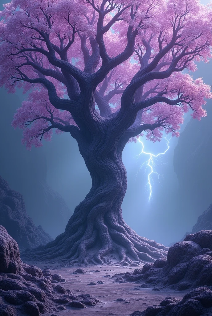 a big tree is growing on the ground. ((changing, knowledge, defiance, plotting, foreseeing)),((violet,blue,purple)).((deep wiew)),photographic,ultra high resolution,hyperdetailed, masterpiece, 3d modelling, digital art, abstract art.