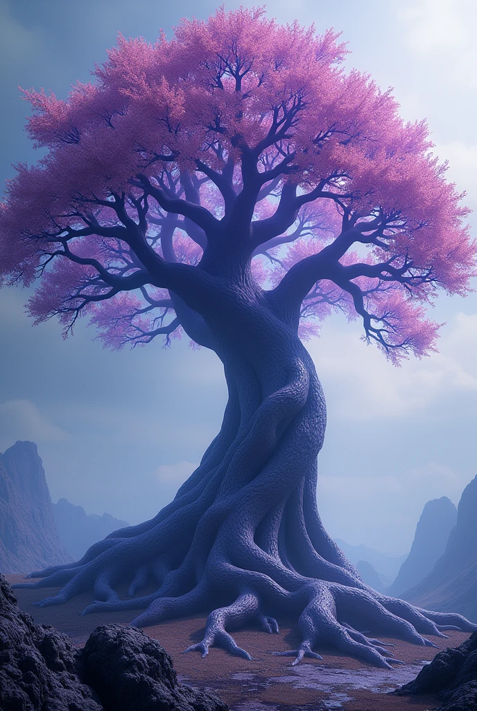 a big tree is growing on the ground. ((changing, knowledge, defiance, plotting, foreseeing)),((violet,blue,purple)).((deep wiew)),photographic,ultra high resolution,hyperdetailed, masterpiece, 3d modelling, digital art, abstract art.