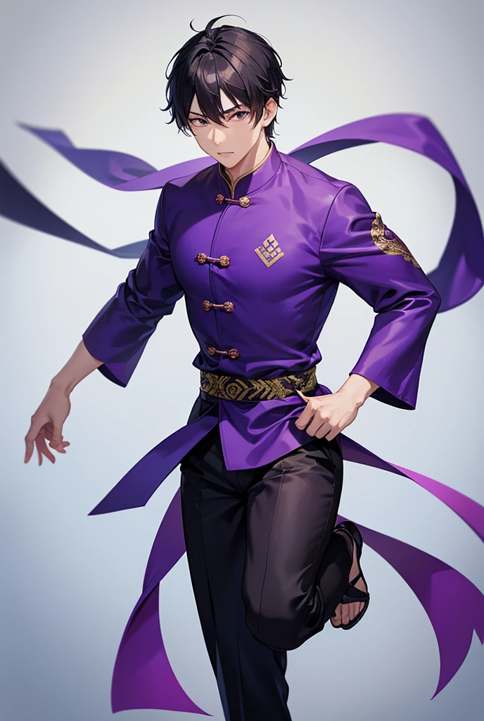 A 2 Asian male martial artist。
He is wearing a purple Chinese suit。The bottom is black pants。
He is very strong、Silent and cool。