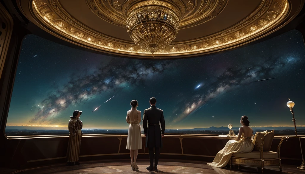 "An opulent space vessel with elegantly dressed figures in historical attire gazing out at the vastness of space. The figures stand by large windows, observing the distant stars, planets, and spaceships. The interior of the vessel is richly decorated, combining elements of classical elegance with advanced technology. The scene conveys a sense of exploration and wonder, blending the grandeur of a royal court with the vastness of the cosmos.",
"size": "1024x1024"
}