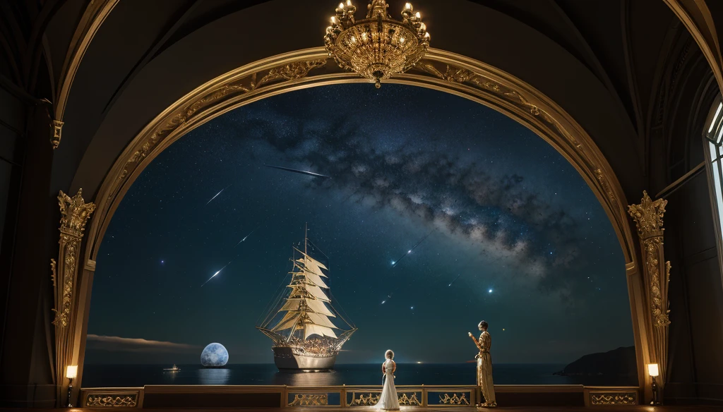 "An opulent space vessel with elegantly dressed figures in historical attire gazing out at the vastness of space. The figures stand by large windows, observing the distant stars, planets, and spaceships. The interior of the vessel is richly decorated, combining elements of classical elegance with advanced technology. The scene conveys a sense of exploration and wonder, blending the grandeur of a royal court with the vastness of the cosmos.",
"size": "1024x1024"
}