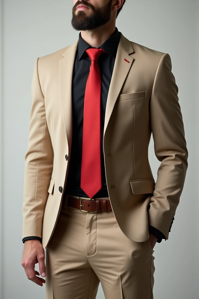 Beige color suit with black shirt and red tie