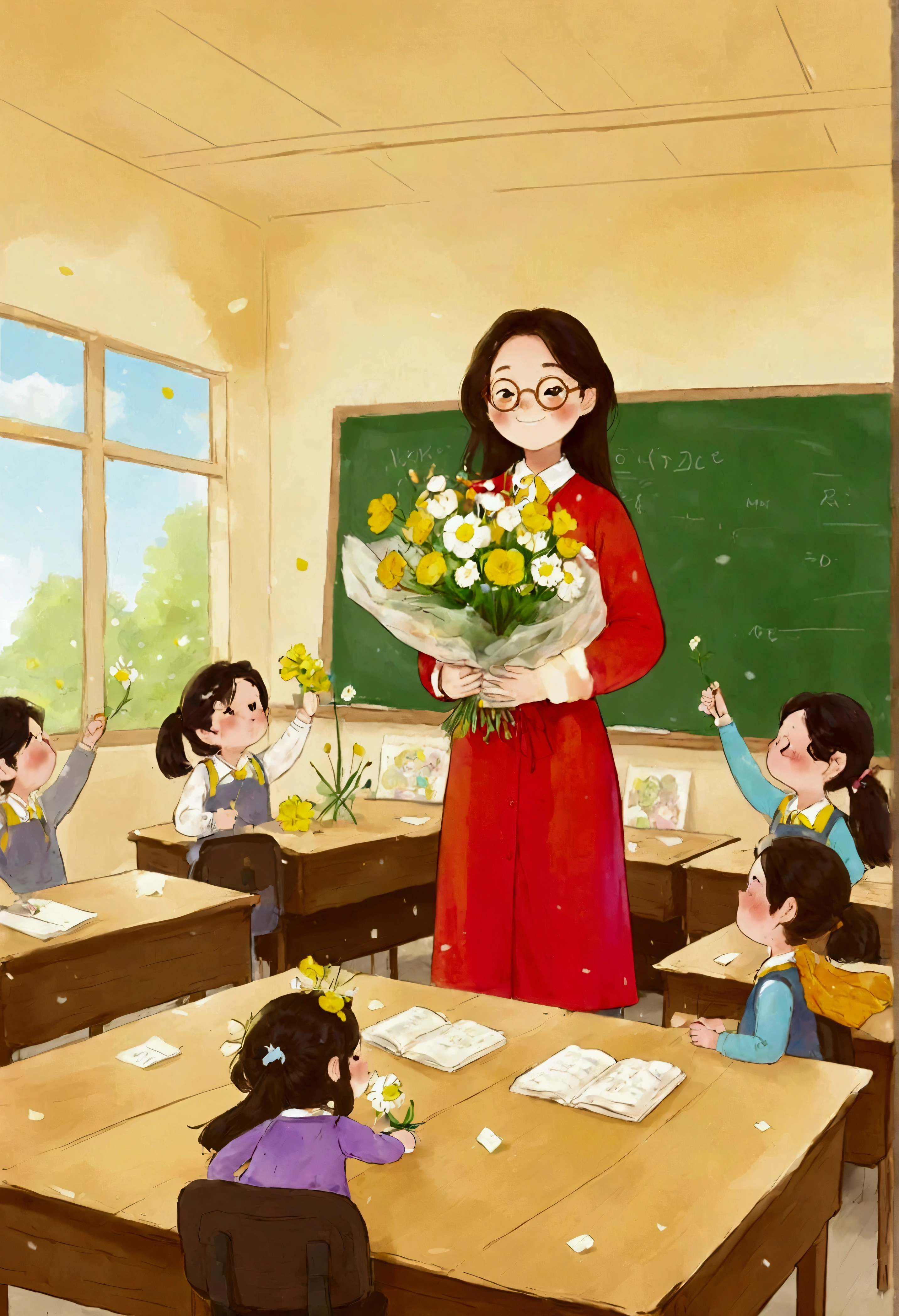 The classroom is filled with sunshine in the afternoon, A teacher wearing glasses happily holds flowers sent by students, warm tone, teacher's character design