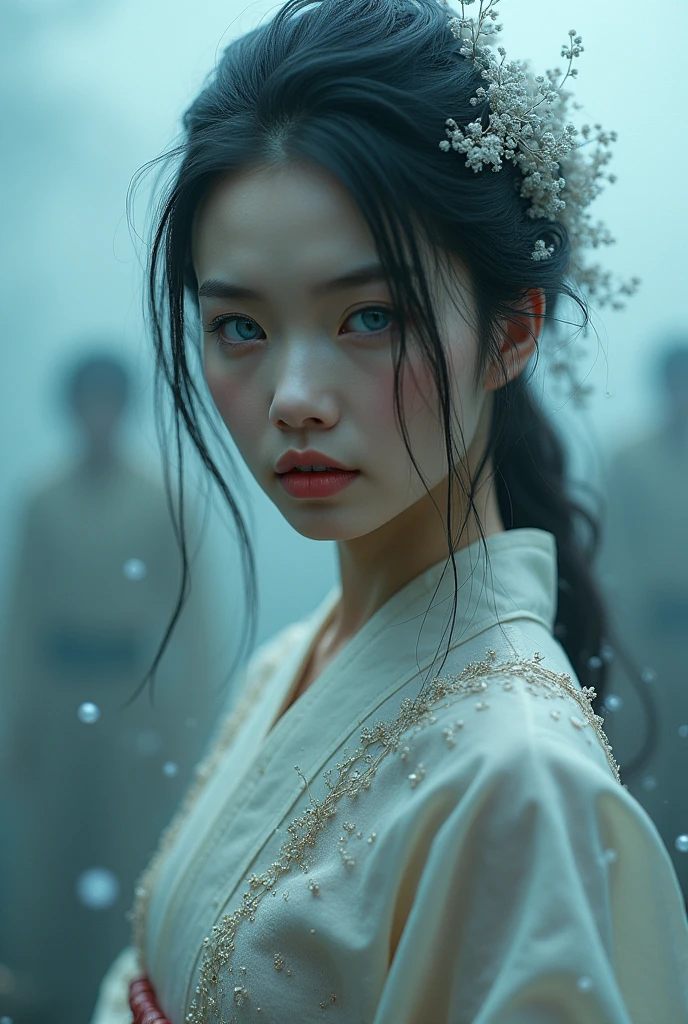 
create a picture of a beautiful woman with details, a beautiful Japanese woman with messy flowing hair but full of cool concepts with details, a beautiful smooth enchanting face with beautiful blue eyes, all smooth skin with convincing details, very realistic and attractive, wearing traditional Japanese clothing with complicated details but so beautiful and graceful like a canvas painting, body facing to the side with face turned forward with a sweet smile, bubbles with detailed smoke effects, fog background with zombies that are faintly visible in the background behind a slightly thick fog, very realistic, sinematik