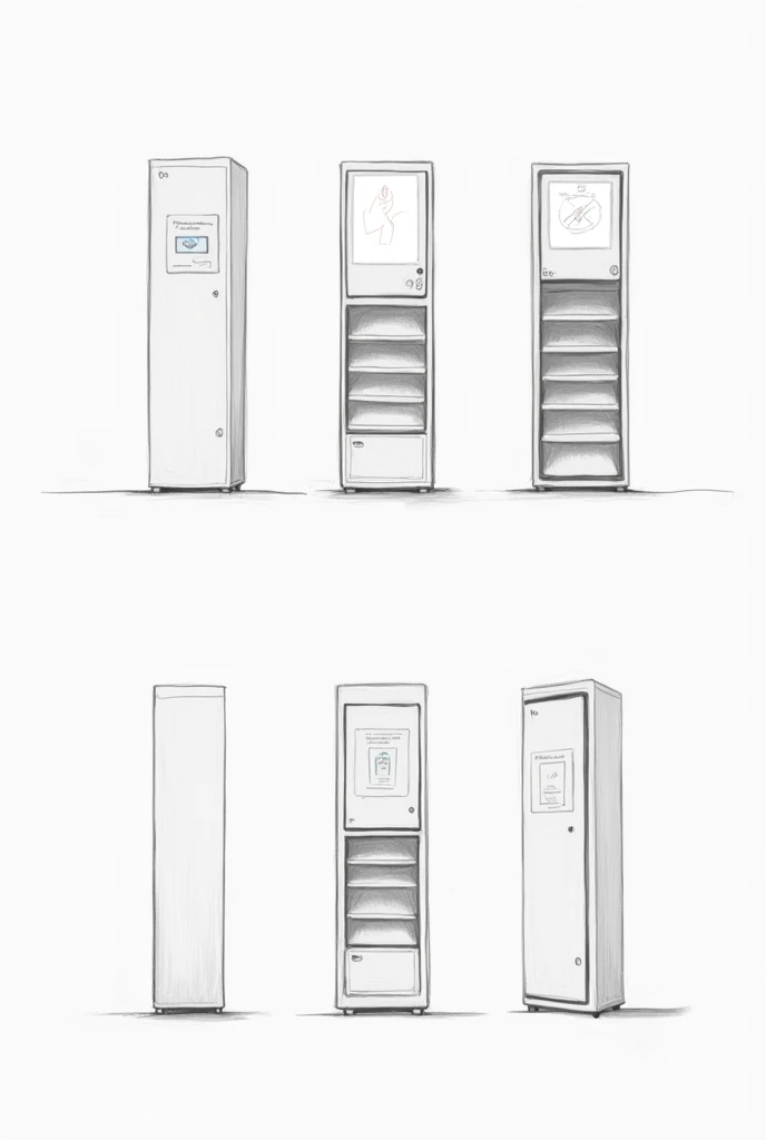 Generates a single image, forgetting about the graphical interface, only taking into account the pantry, the pantry make it slightly smaller, make the pantry have a type of screen that represents the graphical interface, give me more orthogonal points of view, and details more about the features and functions of this. Let the style be pencil and paper, realistic and simple.