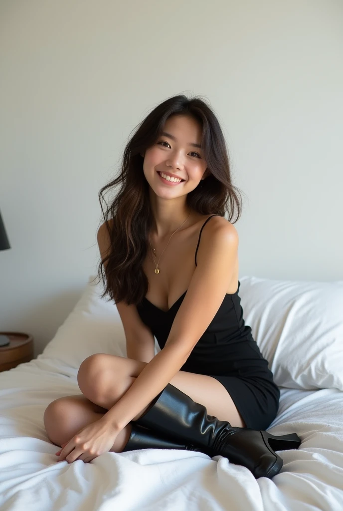 brunette, smile, normal chest, skinny face, white wall, no decoration, short black dress, looking at camera smiling, sit on bed, wearing high heel boots, long hair