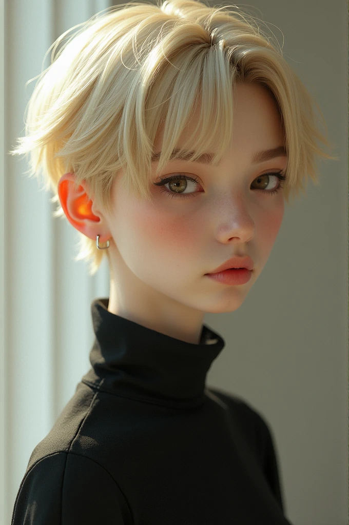 Appearance: (appearing boyish), 5'10, short blonde hair, pale skin, slender figure, sharp brown eyes, sharp features.
