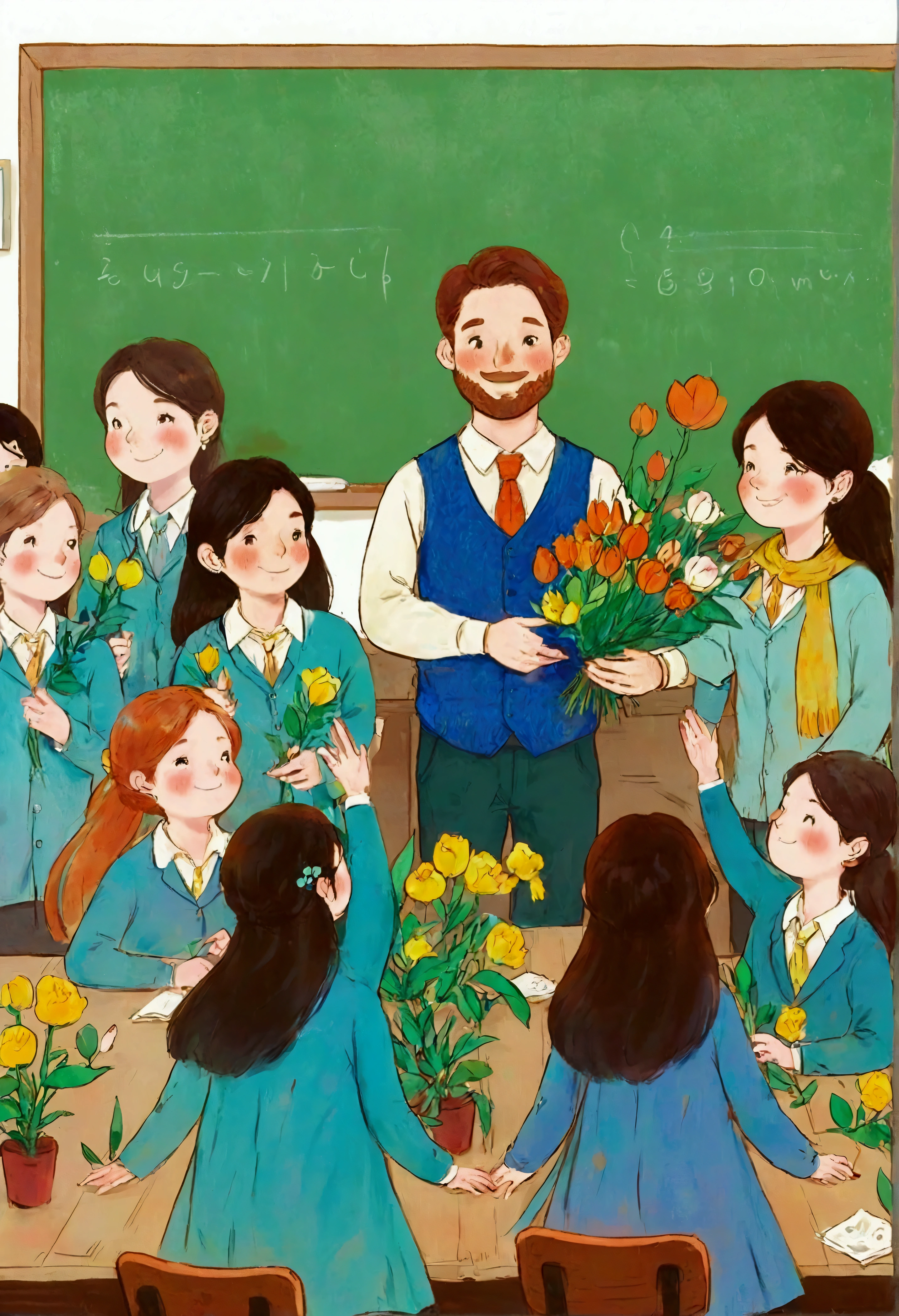 eacher's Day illustration, a lovely teacher holding flowers, surrounded by a group of students, in a classroom，corporate memphis style, white background