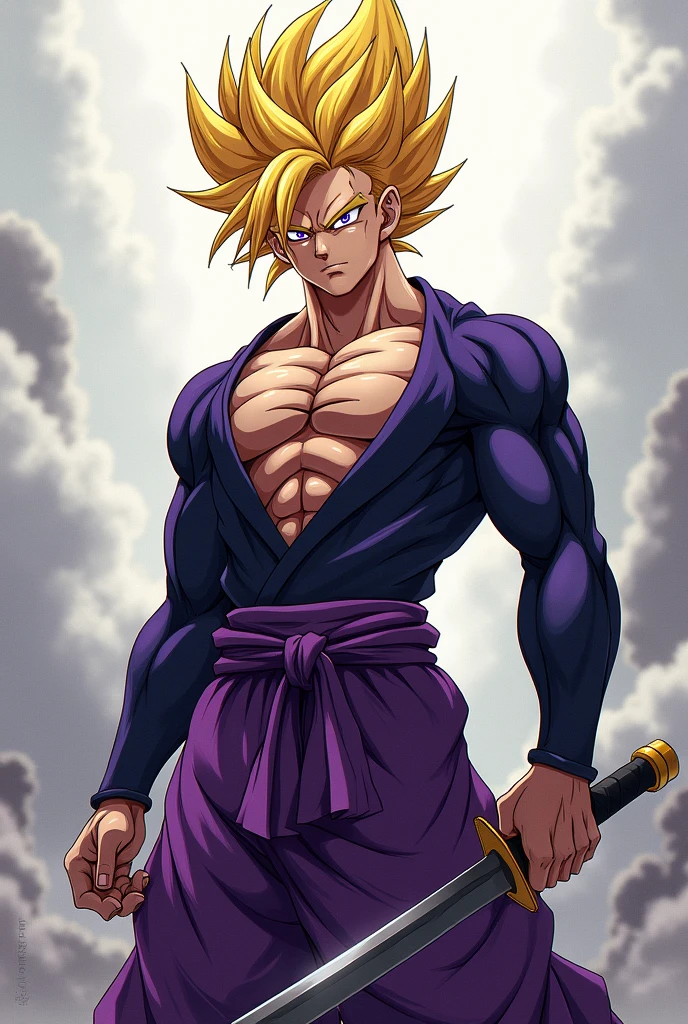 A 3 anime young man with a tall body and muscles. His hair is like Goku&#39;s when he turns into Super Saiyan IV, but it is yellow and the ends of his hair are purple. His eyes are purple. He is carrying a sword in his hand, has a tiger&#39;s beard on his chest, and wears purple pants. He looks at the viewer with a cold look.