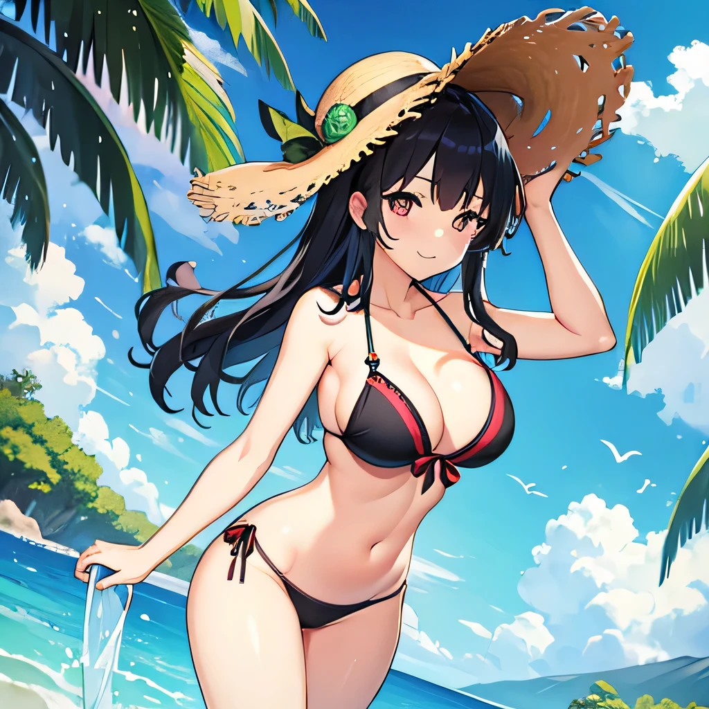 Highest quality、high resolution、One girl、Black Hair、long、Large Breasts、Slingshot、Pool、Hands on the swim ring、smile、Wearing a straw hat、Pussy line、