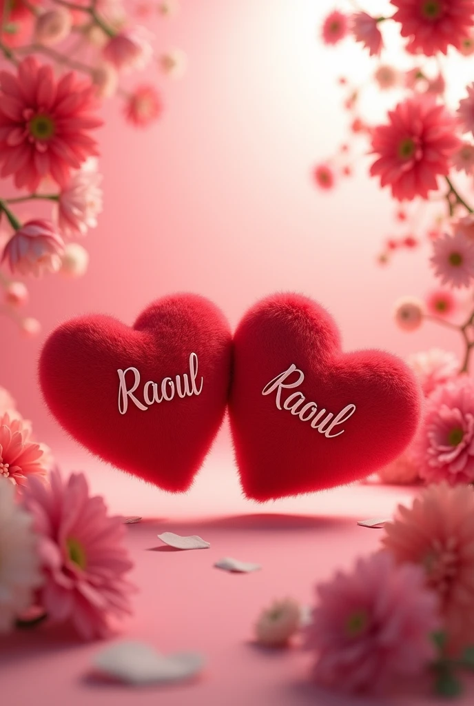 A captivating and romantic 3D illustration depicting two red fluffy hearts, delicately adorned with the names "Raoul" and "Raoul." The hearts float gracefully against a dreamy pink backdrop, encircled by a cascade of floating flowers in a stunning array of pinks and reds. The overall atmosphere of the image is cinematic and dreamy, evoking a sense of love and affection that transcends the boundaries of reality.