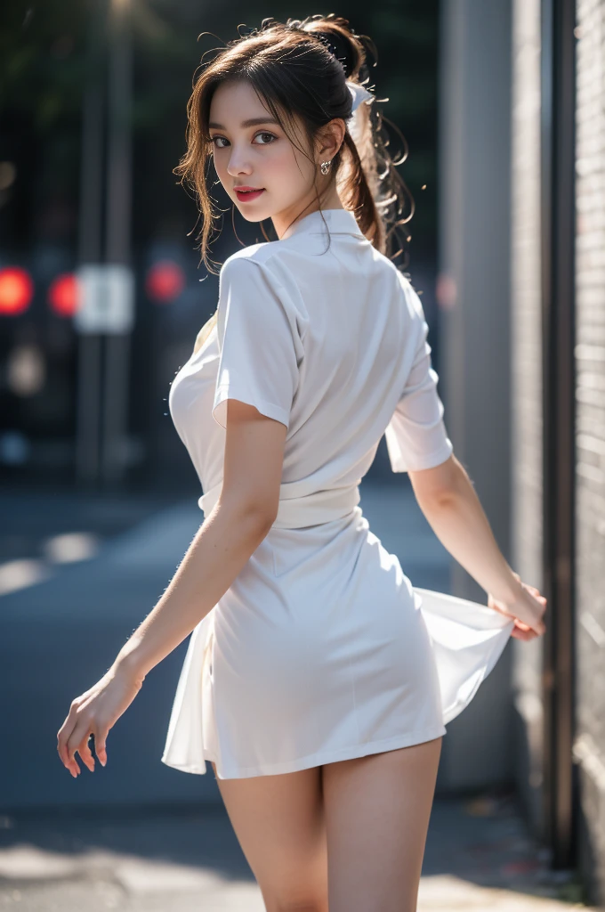 1 beautiful girl in Hanfu, ((very thin and soft white silk shirt)), platinum purple long ponytail, Jewelry, ear jewelry, necklace and necklace, carefully painted purple big eyes, carefully made up, thin eyebrows, high nose, beautiful red lips, no smile, pursed lips, rosy cheeks, wide chest, big breasts, well-proportioned breasts, slim waist, well-proportioned buttocks, black fishnet stockings, Chinese Hanfu style, fictional art pattern, full of bright and realistic colors, RAW photo, realistic photo, 8k ultra-high quality surreal photo, (magic light effect effect: 1.8), 10x pixels, magic effect (Background): 1.8), super detailed eyes, full body portrait of the girl, standing in the rain, wet clothes hugging the body, revealing beautiful curves, dynamic posture, 1 Girl, Beautiful, Baby Face, 20 Years Old, White Skin, Pose, Big Breast, (The Front of The Blouse is Open:1.3), Grey Eye, Muscles:1.3, Outdoor, Bokeh:1.1, Drill Hair, Tied Hair, ((Coloured Hair)), Open Mouth, Vulgar,low angle,from below, ((panty shot)),(nsfw:1.5), ((lifting skirt)),((white panties focus)), ((1girl, skirt lifted by the wind,showing white panties masterpiece:1.4, best quality)),(Vulgar,nsfw),(skirt lift,very windy),(beautiful elegant white panties),very low angle,from below),((butts and back focus)),looking back,((masterpiece:1.4, best quality)), ((masterpiece, best quality)), (realistic:1.5),Beautiful girl RAW photo,beautiful pixie cut silver blonde hair,Japanese high school girl,full body, Walking along the dark city street, ((sexy elegant blue knit mini dress)),very cute, slim, cute eyes,evil smile,enticing sexy look,(( looking back at the camera)),cinematic lighting and pause,night,crowded,neon light,(from the ground),(beautiful elegant Underwear patterns),