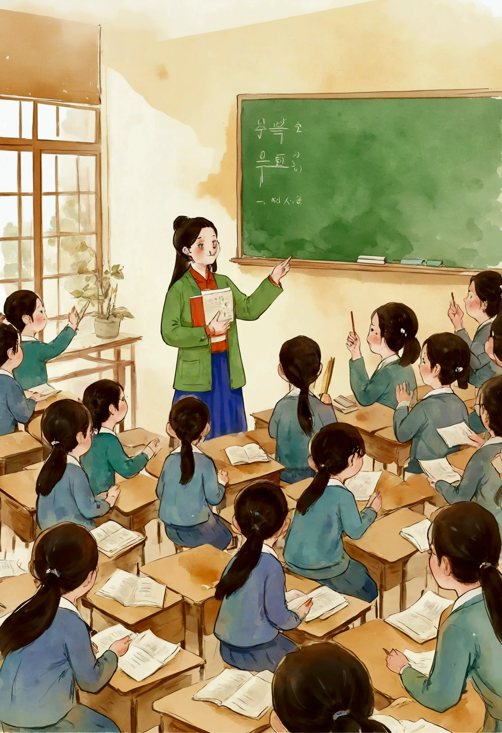 sunny day, a classroom,a female teacher,the female teacher is giving a lecture to students,holding a textbook in her hand, with an elegant figure,Asian Illustration style,the students are listening attentively,watercolor ink painting, 4K, Soft illuminaotion