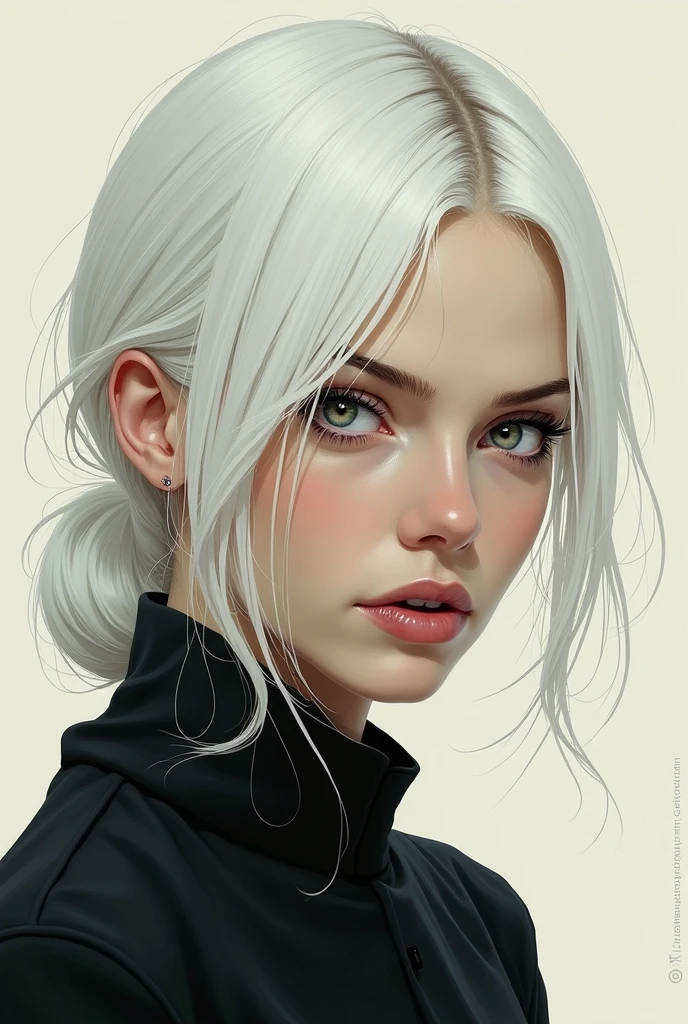 A Russian woman with almost white blond hair. Grey eyes. Stern expression. 2D style