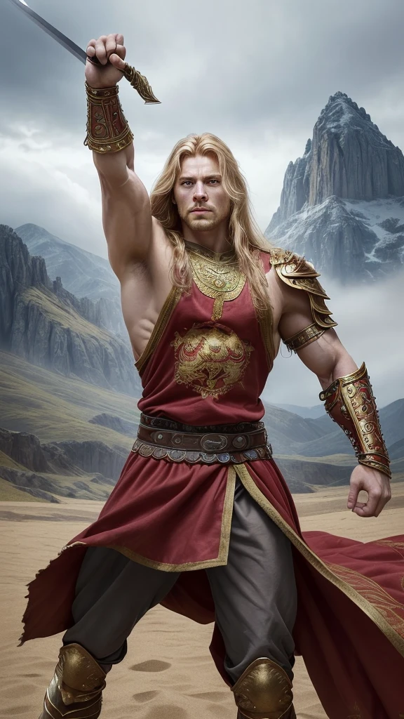 a muscular warrior, 2 meters high, displaying an extremely strong and defined physique. He has fair skin, long blonde hair and a cut that goes down to the shoulders, her eyes are blue and express confidence and determination. He wears a red tunic that covers his torso to below the waist., over his traditional armor. The tunic is rich in details and made of noble fabric, in the center of the tunic, there is a large embroidered golden lion, with intricately detailed claws and mane, symbolizing power and leadership. The tunic is held together by a sturdy leather belt., and the muscular arms are exposed. He's in a heroic pose, poised for battle, with the Sword of Power raised and a determined look. Ao fundo, you can see an epic landscape, with mountains and cloudy sky, creating an atmosphere of adventure and strength.