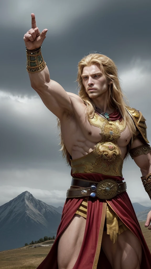 a muscular warrior, 2 meters high, displaying an extremely strong and defined physique. He has fair skin, long blonde hair and a cut that goes down to the shoulders, her eyes are blue and express confidence and determination. He wears a red tunic that covers his torso to below the waist., over his traditional armor. The tunic is rich in details and made of noble fabric, in the center of the tunic, there is a large embroidered golden lion, with intricately detailed claws and mane, symbolizing power and leadership. The tunic is held together by a sturdy leather belt., and the muscular arms are exposed. He's in a heroic pose, poised for battle, with the Sword of Power raised and a determined look. Ao fundo, you can see an epic landscape, with mountains and cloudy sky, creating an atmosphere of adventure and strength.