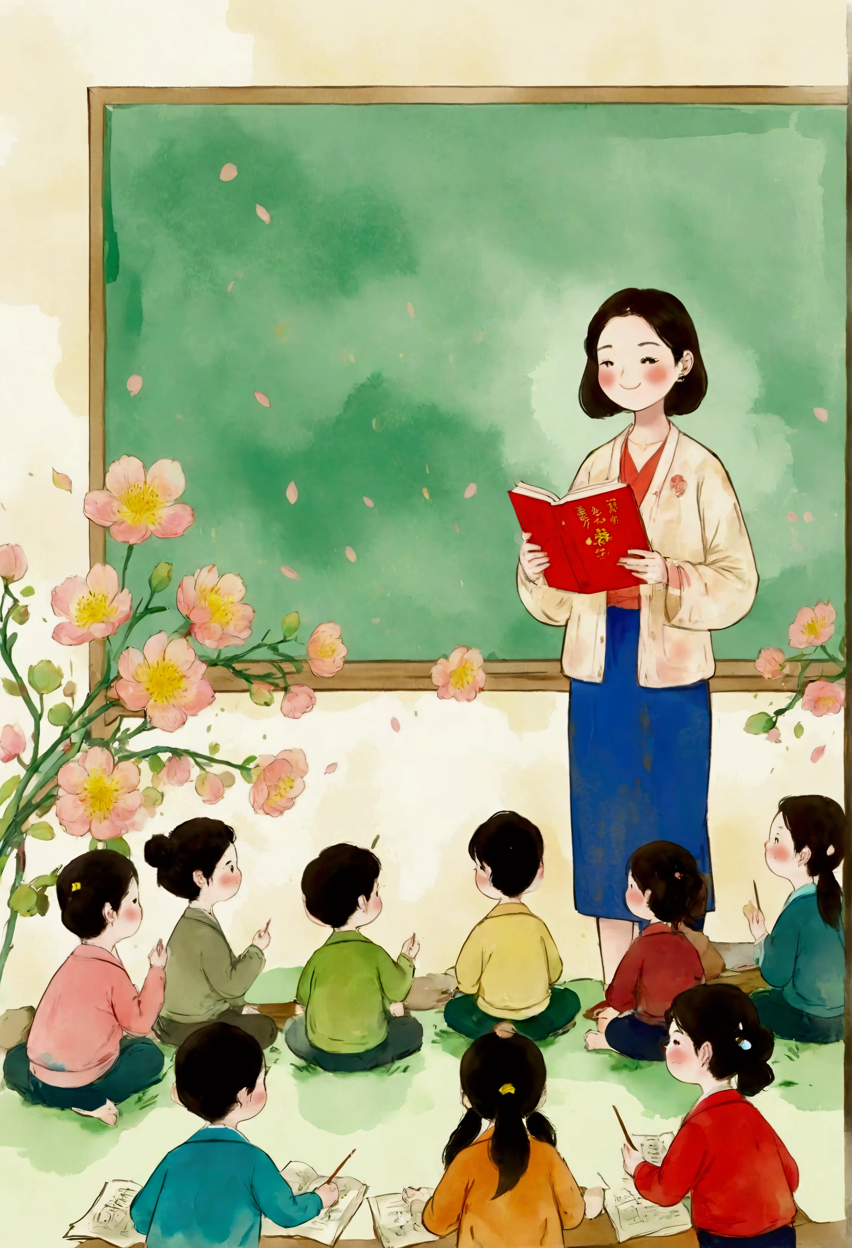 sunny day, a  classroom,a female teacher,the female teacher is giving a lecture to students,holding a textbook in her hand, with an elegant figure,Asian Illustration style,the students are listening attentively,watercolor ink painting, 4K, Soft illuminaotion