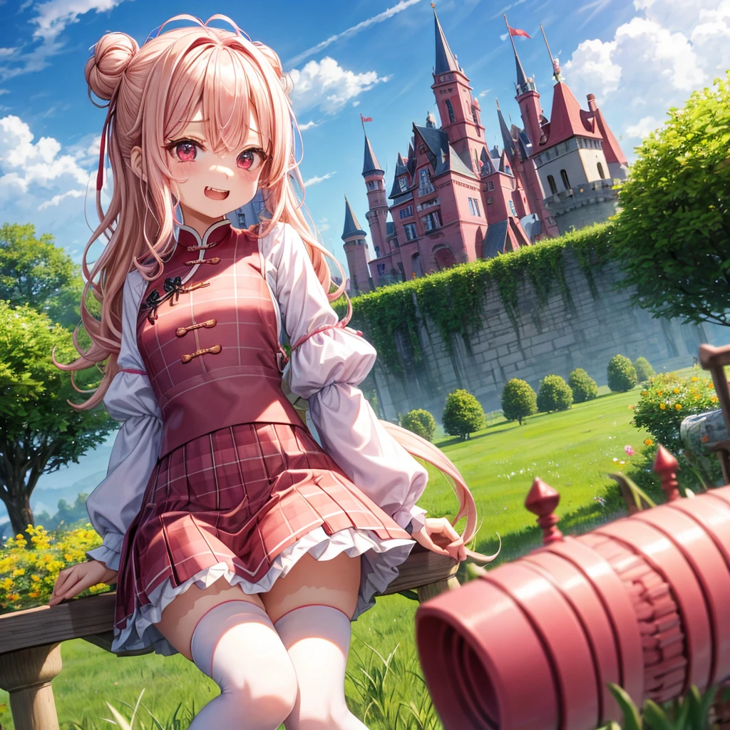 Pink Blonde、Red eyes、Wavy Hair、Hair tied up、Two cute、Checked mini skirt、China、Knee-high socks、Teeth are visible、Monster Castle、Tilting face、grass、There's a stake stuck in the ground、In front of the city gates、Underground tunnels、Iron suspension bridge、The stone is cracked、Giant wood、There is a step on the ground、Piglet、it's raining