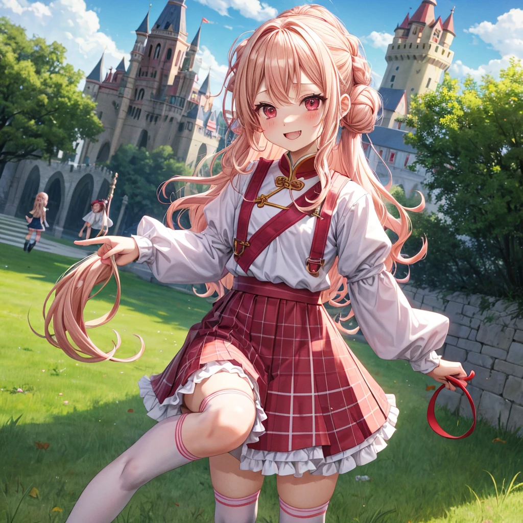 Pink Blonde、Red eyes、Wavy Hair、Hair tied up、Two cute、Checked mini skirt、China、Knee-high socks、Teeth are visible、Monster Castle、Tilting face、grass、There's a stake stuck in the ground、In front of the city gates、Underground tunnels、Iron suspension bridge、The stone is cracked、Giant wood、There is a step on the ground、Piglet、it's raining