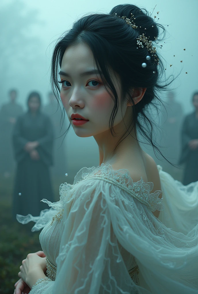 create a picture of a beautiful woman with details, a beautiful Japanese woman with messy flowing hair but full of cool concepts with details, a beautiful smooth enchanting face with beautiful blue eyes, all smooth skin with convincing details, very realistic and attractive, wearing traditional Japanese clothing with complicated details but so beautiful and graceful like a canvas painting, body facing to the side with face turned forward with a sweet smile, bubbles with detailed smoke effects, fog background with zombies that are faintly visible in the background behind a slightly thick fog, very realistic, sinematik
