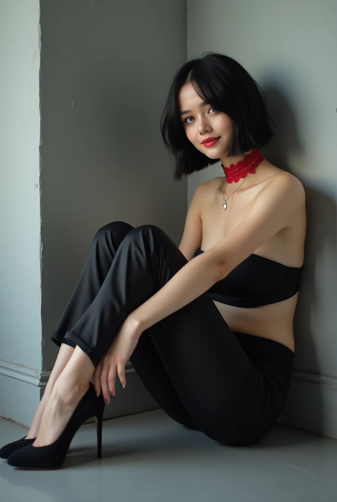 (RAW Photos, Highest quality, masterpiece: 1.2), (Realistic: 1.4), Best lighting, 20-year-old, (light black hair, Short Bob Cut, Divide your hair into 3/7ths, hair above one ear, :1.15), (Symmetrical blue, clear eyes, alone, Mid-chest, Detailed skin, :1.2), ((Pale gray walls and floor, Photo studio, Sitting on the floor, Sit leaning against a wall, Silk pants, Red lace choker, smile,  Slender necklace, Wearing black high heels, Beautiful legs, Cinema Lighting, Sensual look, From the side))