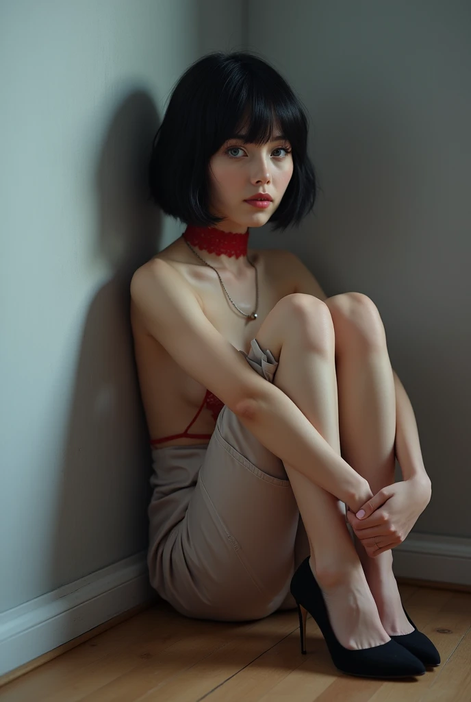 (RAW Photos, Highest quality, masterpiece: 1.2), (Realistic: 1.4), Best lighting, 20-year-old, (light black hair, Short Bob Cut, Divide your hair into 3/7ths, hair above one ear, :1.15), (Symmetrical blue, clear eyes, alone, Mid-chest, Detailed skin, :1.2), ((Pale gray walls and floor, Photo studio, Sitting on the floor, Sit leaning against a wall, Silk pants, Red lace choker, smile, Slender necklace, Wearing black high heels, Beautiful legs, Cinema Lighting, Sensual look, From the side))