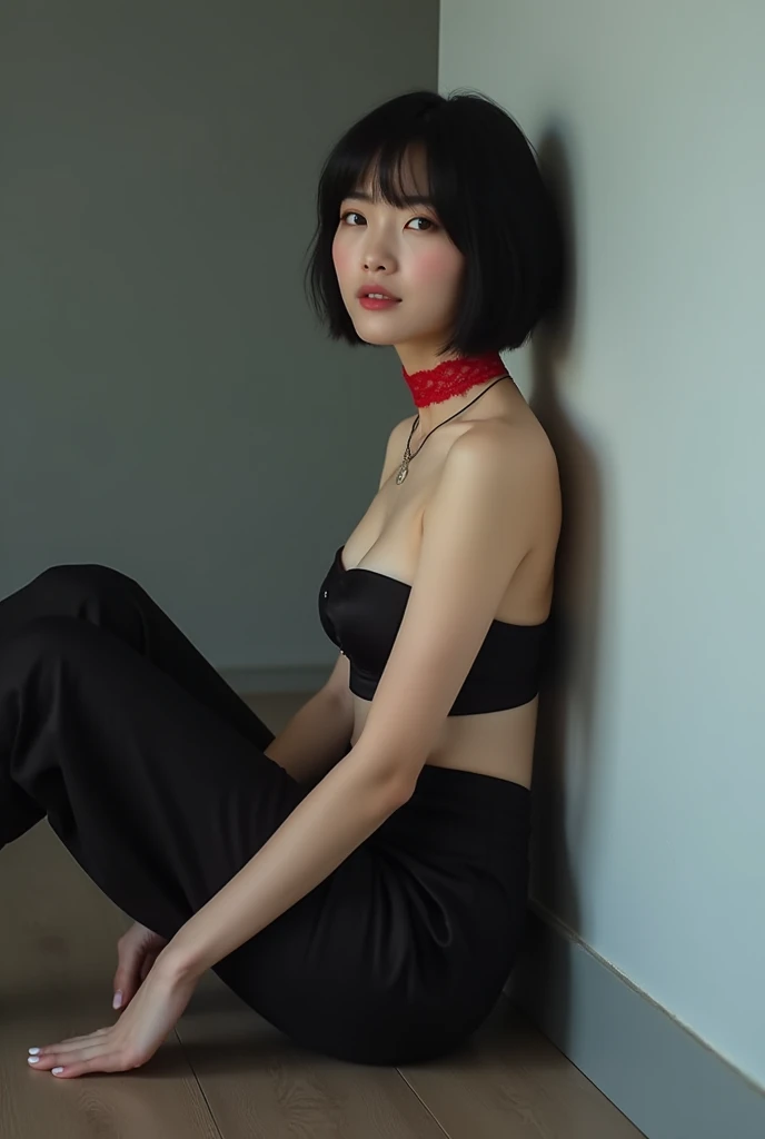 (RAW Photos, Highest quality, masterpiece: 1.2), (Realistic: 1.4), Best lighting, 20-year-old, (light black hair, Short Bob Cut, Divide your hair into 3/7ths, hair above one ear, :1.15), (Symmetrical blue, clear eyes, alone, Mid-chest, Detailed skin, :1.2), ((Pale gray walls and floor, Photo studio, Sitting on the floor, Sit leaning against a wall, Silk pants, Red lace choker, smile, Slender necklace, Wearing black high heels, Beautiful legs, Cinema Lighting, Sensual look, From the side))