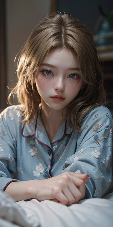 (masterpiece: 1.2, Portraiture, Highest quality), Realistic, (Live Action, Intricate details, Written boundary depth), Highest quality, masterpiece, Attention to detail, semi-Realistic, Lie face down on the bed, shy, 2, Short Blonde, blue eyes, pajamas, Slim figure、Dark Room