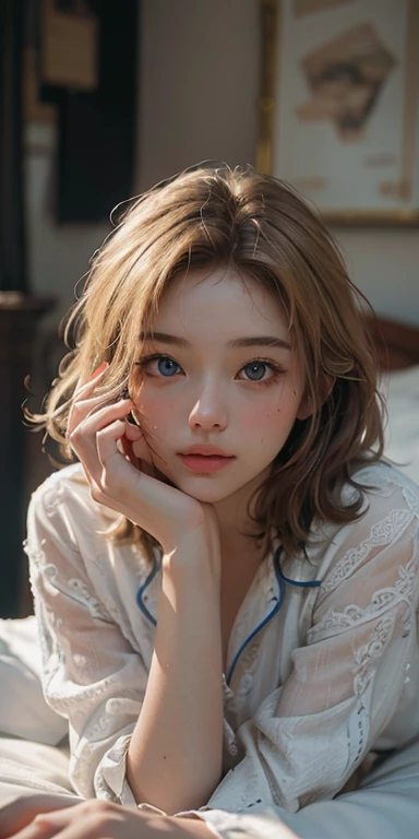 (masterpiece: 1.2, Portraiture, Highest quality), Realistic, (Live Action, Intricate details, Written boundary depth), Highest quality, masterpiece, Attention to detail, semi-Realistic,  Lie face down on the bed, shy, 2, Short Blonde, blue eyes, pajamas, Slim figure、Dark Room