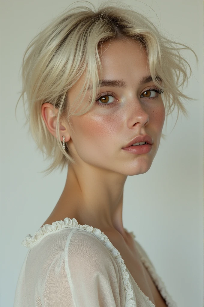 Appearance: (appearing boyish),short blonde hair, pale skin, slender figure, sharp brown eyes, sharp features.
Realistic image