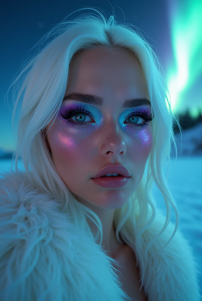 hyperrealistic image, selfie, hd resolution, woman, exotic features, artistic makeup, conceptual pose, artistic expression, instagram selfie, beautiful woman, woman, exotic, attractive eyes, intergalactic, natural lighting, night, aurora borealis, extraterrestrial, exotic makeup, shine makeup, shine skin, colored eyeshadow, exotic pose, half body angle, white hair, subtle colored highlights, , alien vibe