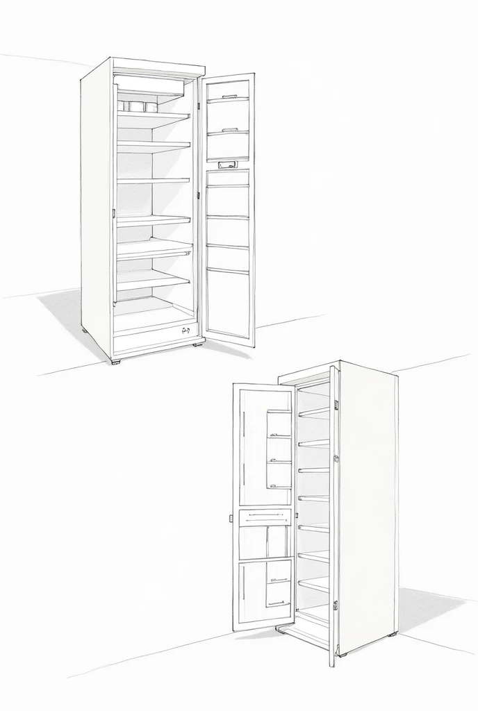 Generates a single image, forgetting about the graphical interface, only taking into account the pantry, the pantry make it slightly smaller, make the pantry have a type of screen that represents the graphical interface, give me more orthogonal points of view, and details more about the features and functions of this. Let the style be pencil and paper, realistic and simple. What is a sketch?, sketch type.