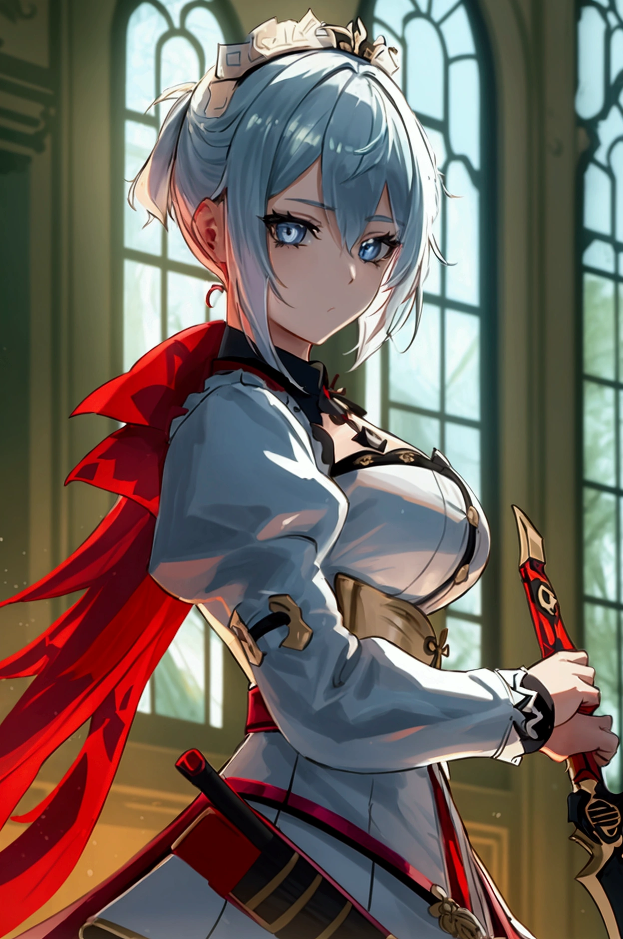 one girl, dynamic pose, extremely detailed, simple colors, holding weapon, battle maid, beautiful, anime style, psychopath like theme, short white hair, full body, intricate details, dramatic lighting, cinematic composition, high contrast, vibrant colors, chiaroscuro, digital art, concept art, masterpiece, , HDR,, detaled outfit, show full body, genshin style