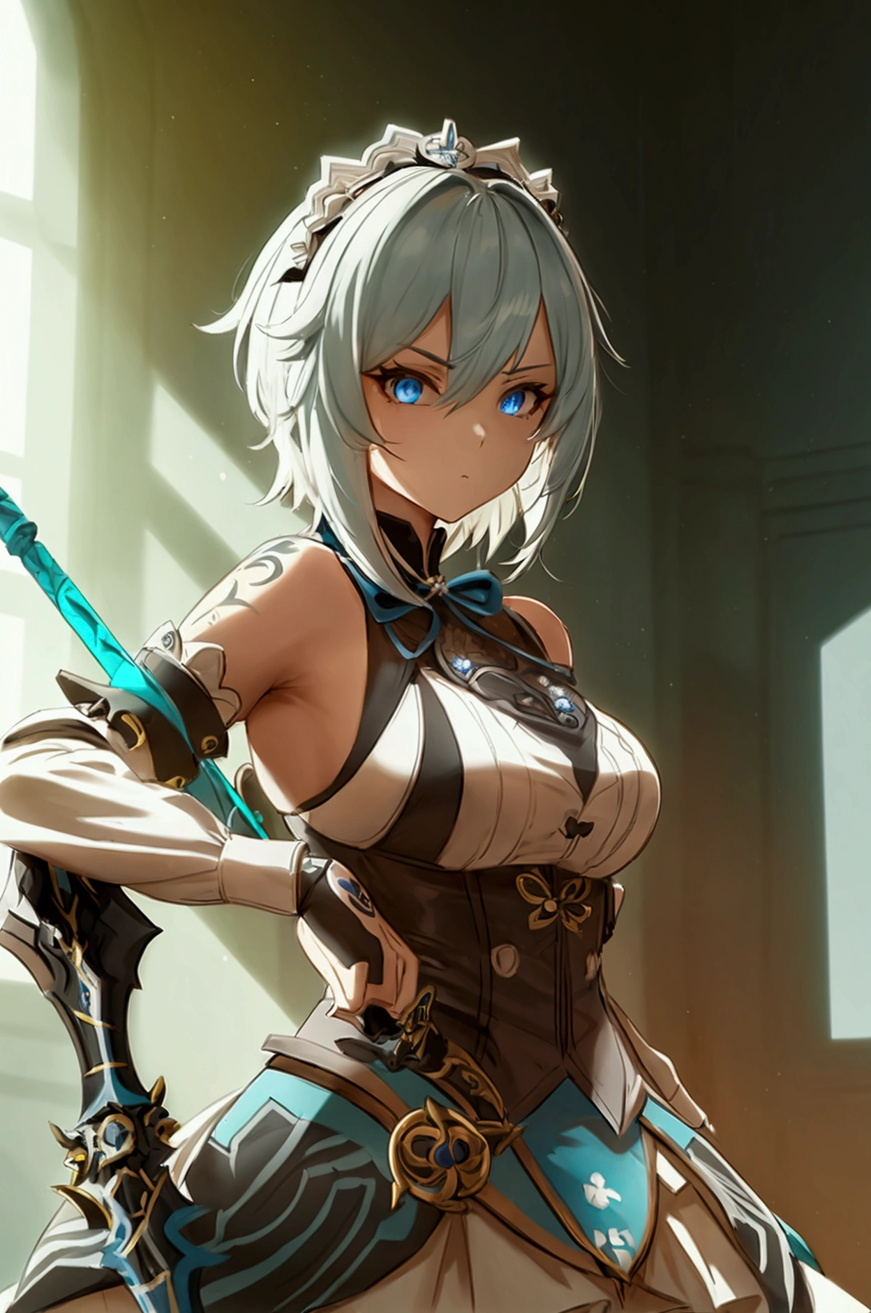 one girl, dynamic pose, extremely detailed, simple colors, holding weapon, battle maid, beautiful, anime style, psychopath like theme, short white hair, full body, intricate details, dramatic lighting, cinematic composition, high contrast, vibrant colors, chiaroscuro, digital art, concept art, masterpiece, , HDR,, detaled outfit, show full body, genshin style