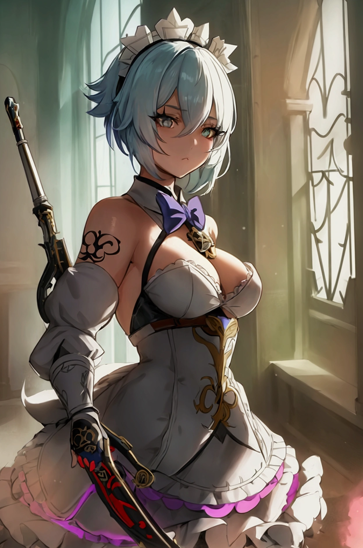 one girl, dynamic pose, extremely detailed, simple colors, holding weapon, battle maid, beautiful, anime style, psychopath like theme, short white hair, full body, intricate details, dramatic lighting, cinematic composition, high contrast, vibrant colors, chiaroscuro, digital art, concept art, masterpiece, , HDR,, detaled outfit, show full body, genshin style