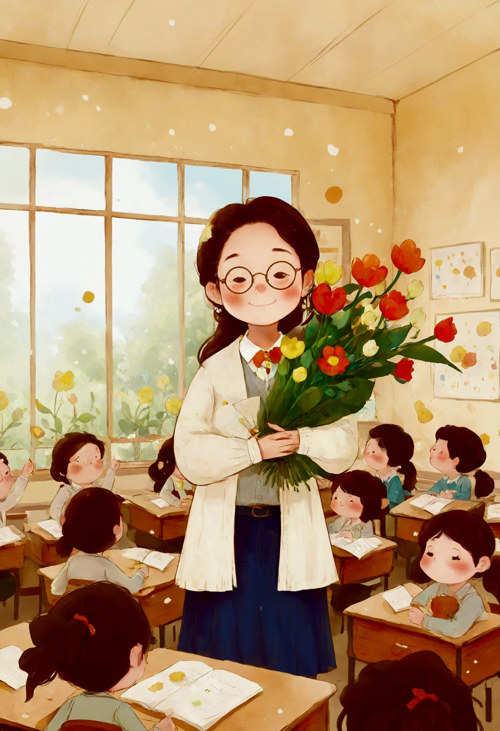 The classroom is filled with sunshine in the afternoon, A teacher wearing glasses happily holds flowers sent by students, warm tone, teacher's character design
