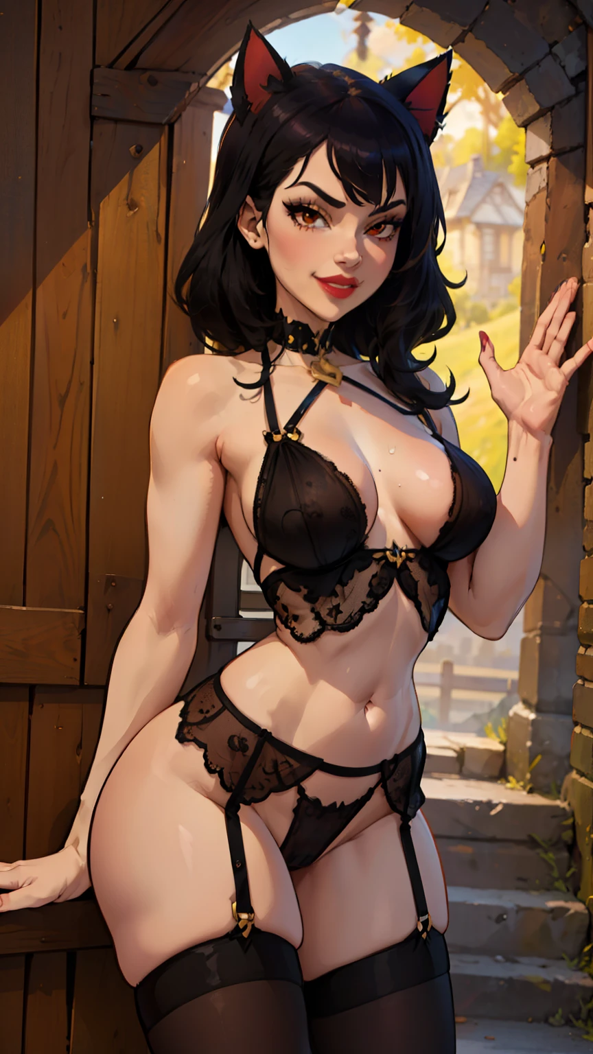 1 girl,(junkotvv, red eyes, cat ears), (Alone), (cowboy shot:1.4), (masterpiece:1.2), (Best Quality:1.2),looking at the viewer,dynamic pose, (ultra detailed),smile, realist, Perfect eyes,short black hair,GOOD, lipstick, lingerie,garter belt, evening, officer, Brown eyes,thigh high socks,