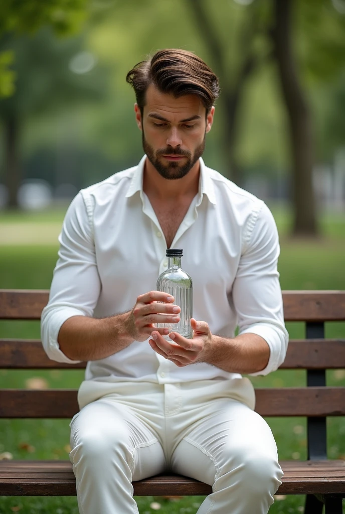 a europe gentle man dressed in a crisp white shirt and pants, the man's hair is brown short and neatly combed back is showing a glass bottle while sitting on a bench at a park