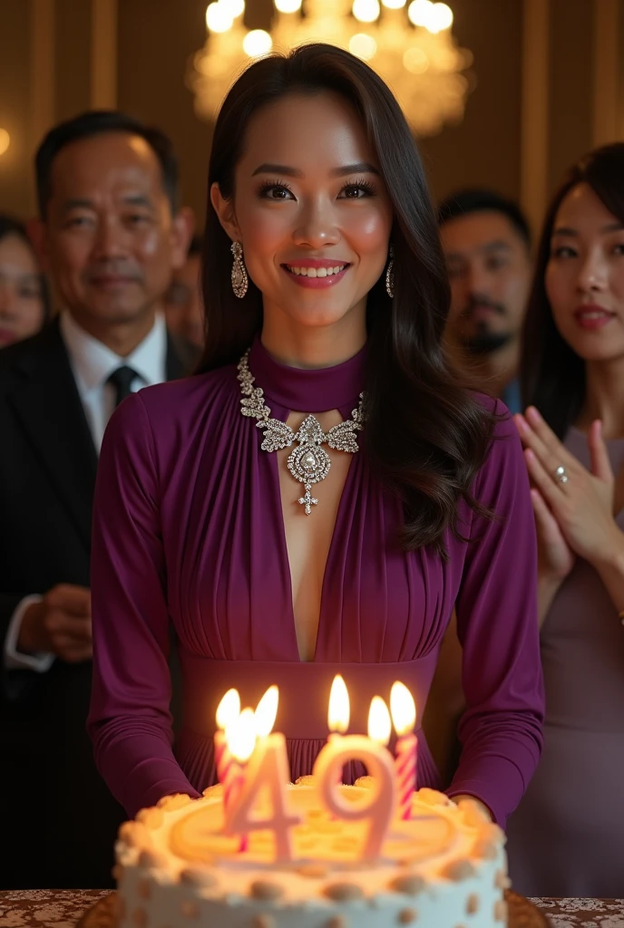 dinner celebrating the 49th birthday of an Indonesian woman, attended by the President of Indonesia, Joko Widodo. In front of them was a birthday cake with the word 49 written on it with the number 49 candles.. There is writing "For Diah". They were both dressed in high class formals. The woman is wearing a purple high neck dress and wearing a diamond necklace with a cross on the end.. The woman's position is blowing out the candles. President Joko Widodo gave a birthday present to the woman. Around them the guests clap hands. Super realistic photos. UHD image. Front facing view