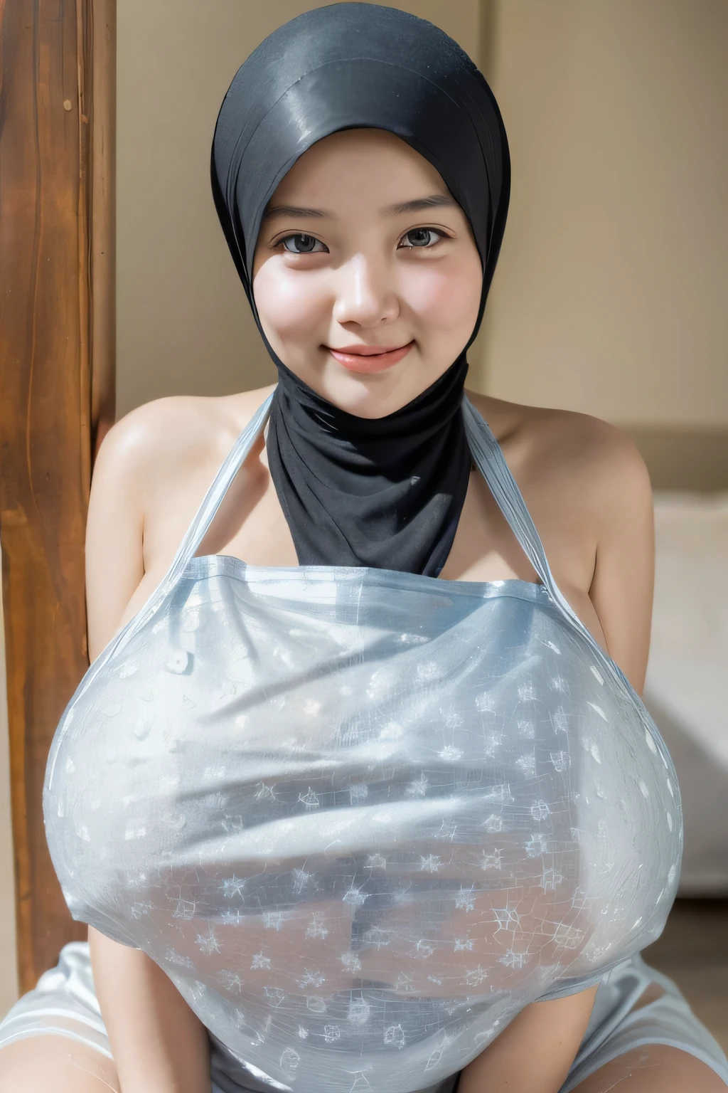 ((plump body:1.19)), adorable, 1 girl, (face to face), , baby face, happy, medium portrait, (face details: 1), (eye details:1), ((naked big breasts)). ((wearing mini apron)), .. Cute posed. proportional body. Ultra High Res. realistic: 1.4, UHD, ((hijab stylish)), lace ((Gigantic:1.499)), Cropped shirt, ((naked:1.439))